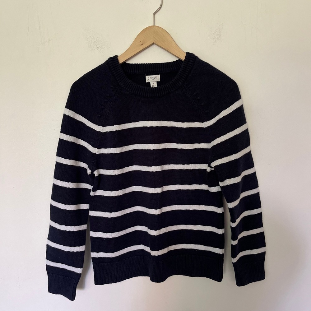 J.Crew Navy Blue White Striped Cotton Crew Neck Raglan Sweater Small